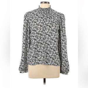 Melloday Mock Neck Ballon Sleeve Long Sleeve Blouse In Black and White Floral